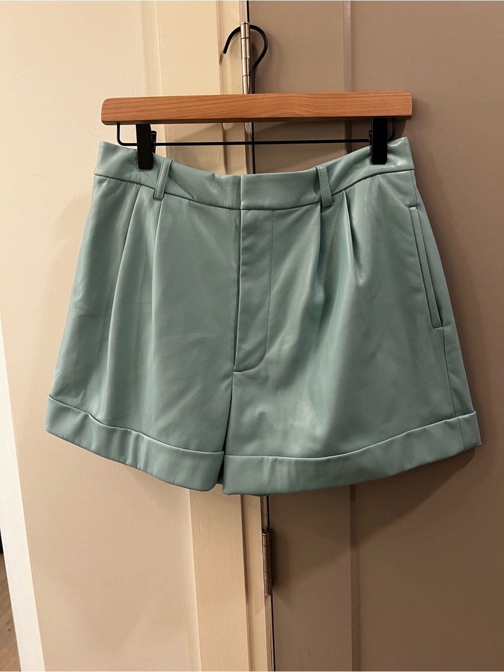 High-Waist Faux Leather Shorts in Turquoise